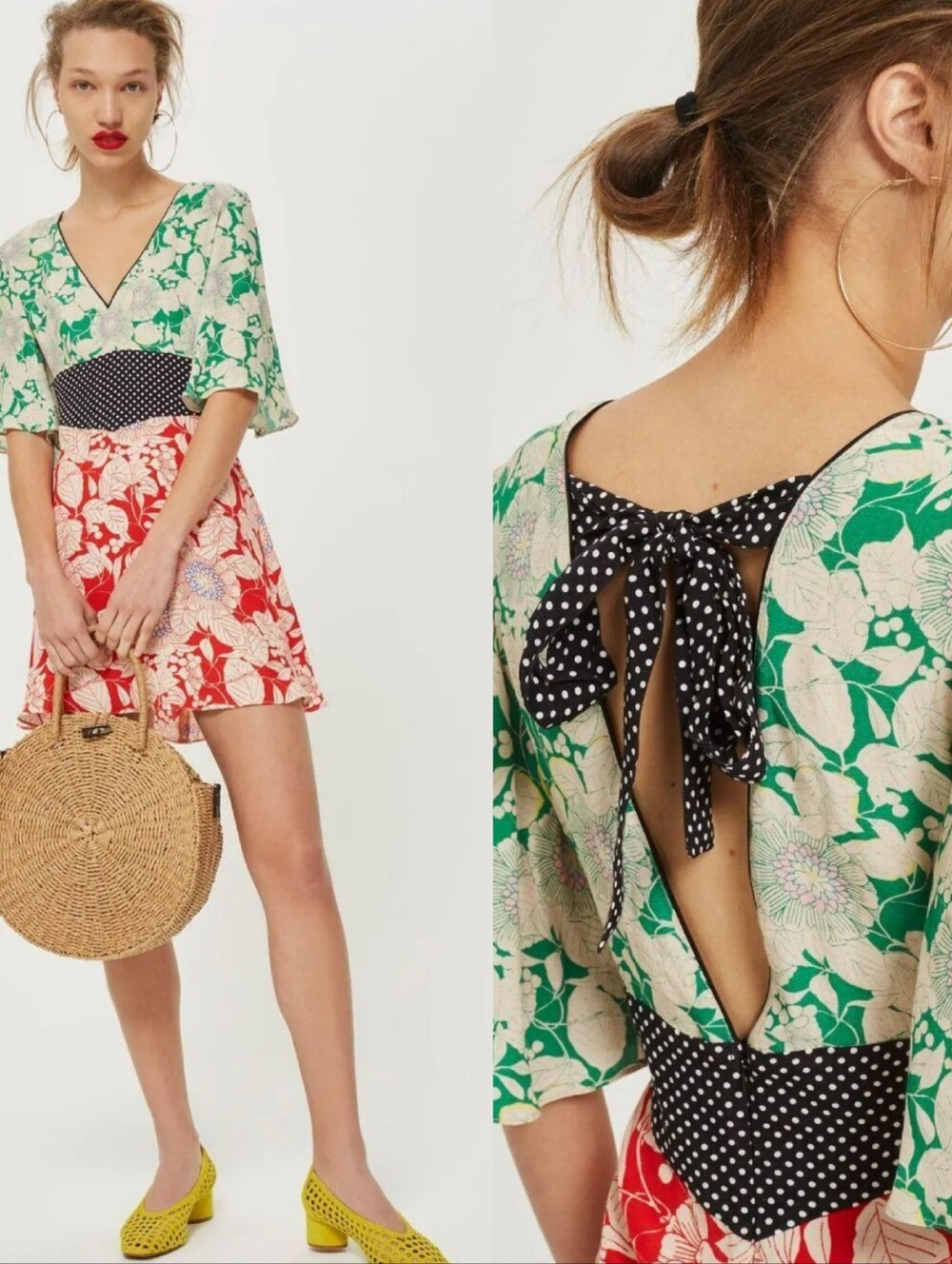 Topshop Floral Polka Dot Mixed Print Open Back Aline Mini Dress